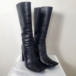 Y2K Square Toe Black Leather Boots Chunky Rectangle Heel Water Resistant